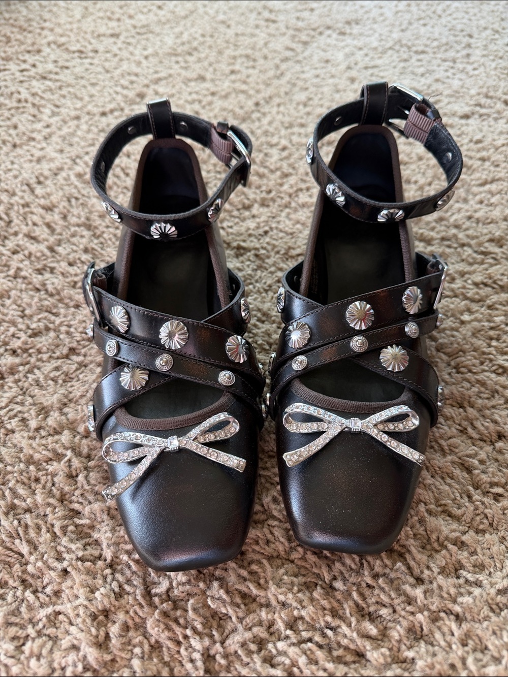 Free People Women’s Black Studded Ankle-Strap Heels with Crystal Bow size 8